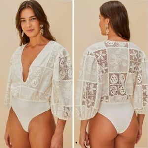 Farm Rio Off-White Rosy Eyelet Puff Sleeve Bodysuit